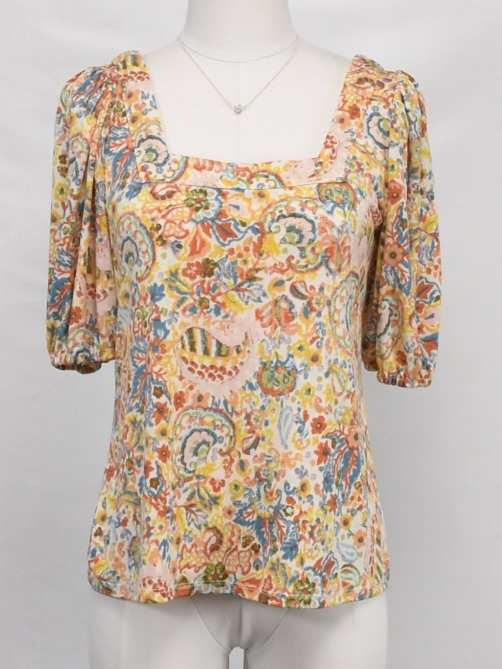 CeCe Paisley Floral Square Neck Puff Sleeve Blouse Top
